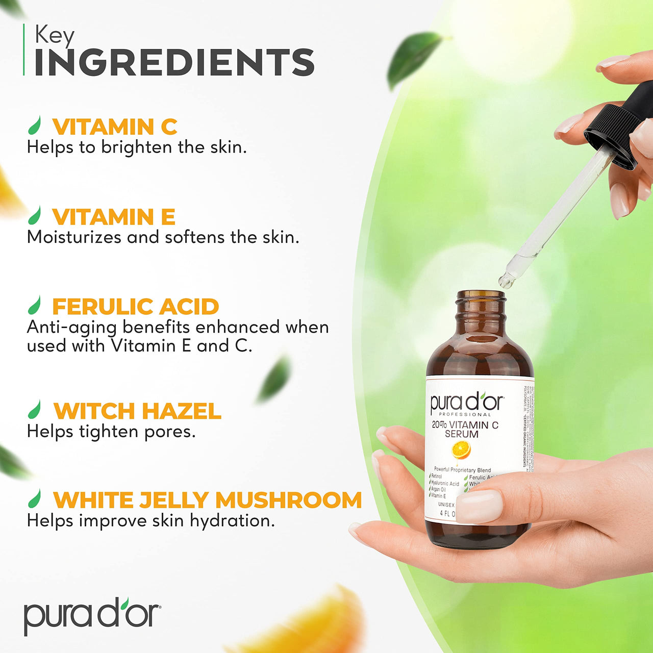 PURA D'OR 20% Vitamin C Serum 4 Oz - Lightweight Maximum Strength Formula - Retinol, Hyaluronic Acid, Ferulic Acid - Professional Grade Treatment For Face & Eyes, Wrinkles - Men & Women