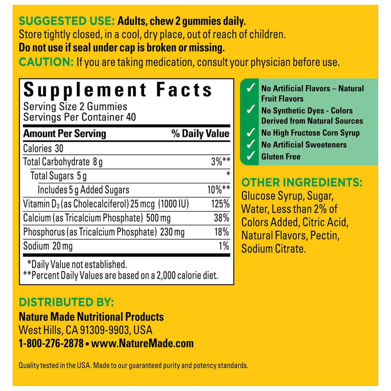 Nature Made Calcium Gummies 500 mg Per Serving with Vitamin D3, Dietary Calcium Supplement for Bone Support, 80 Gummies, 40 Day Supply