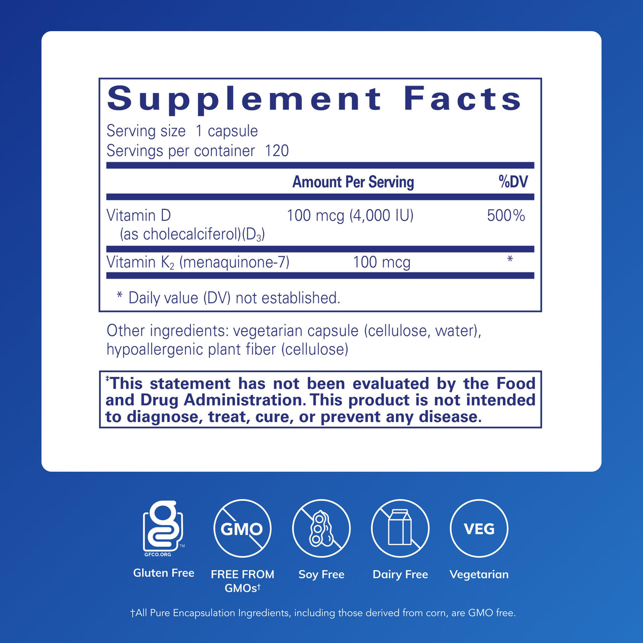 Pure Encapsulations Vitamin D3 & K2 - Bone & Vascular Health Support - Immune Function* - Gluten Free - Non-GMO - 120 Capsules