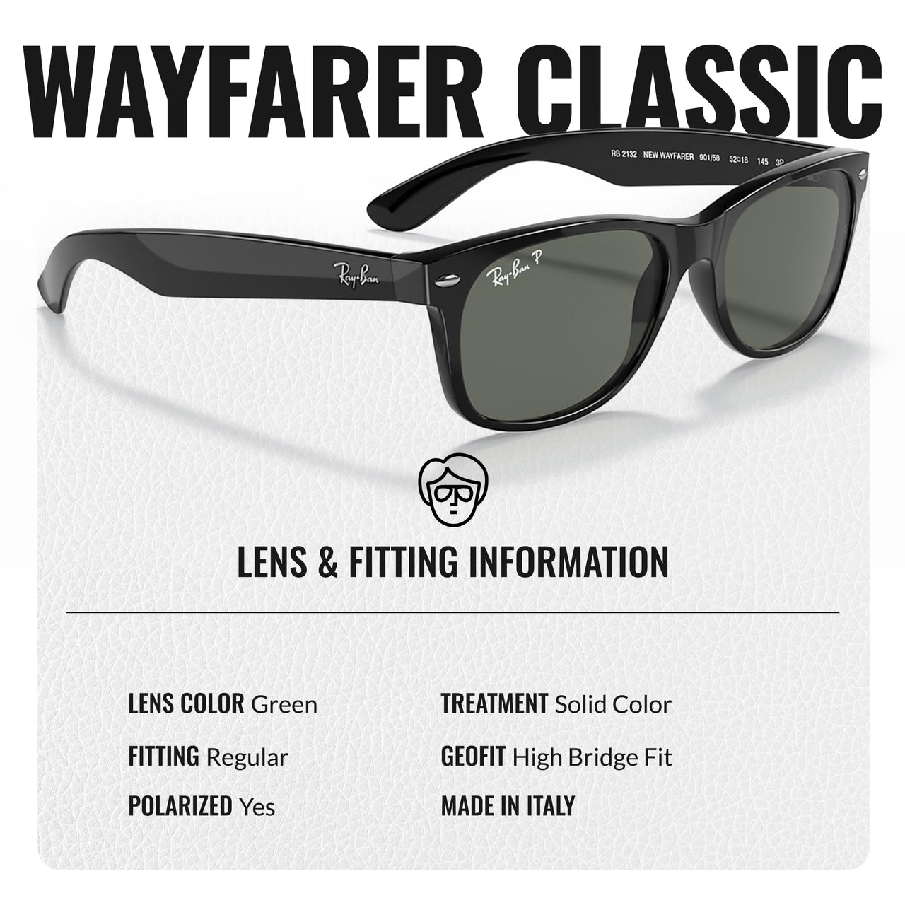 Ray-Ban RB2132 NEW WAYFARER CLASSIC POLARIZED Square Shaped Sunglasses for Men & Women – Includes Official Rayban Eyewear Kit – Ideal Formal & Casual Wear Sunglasses – Green Lens