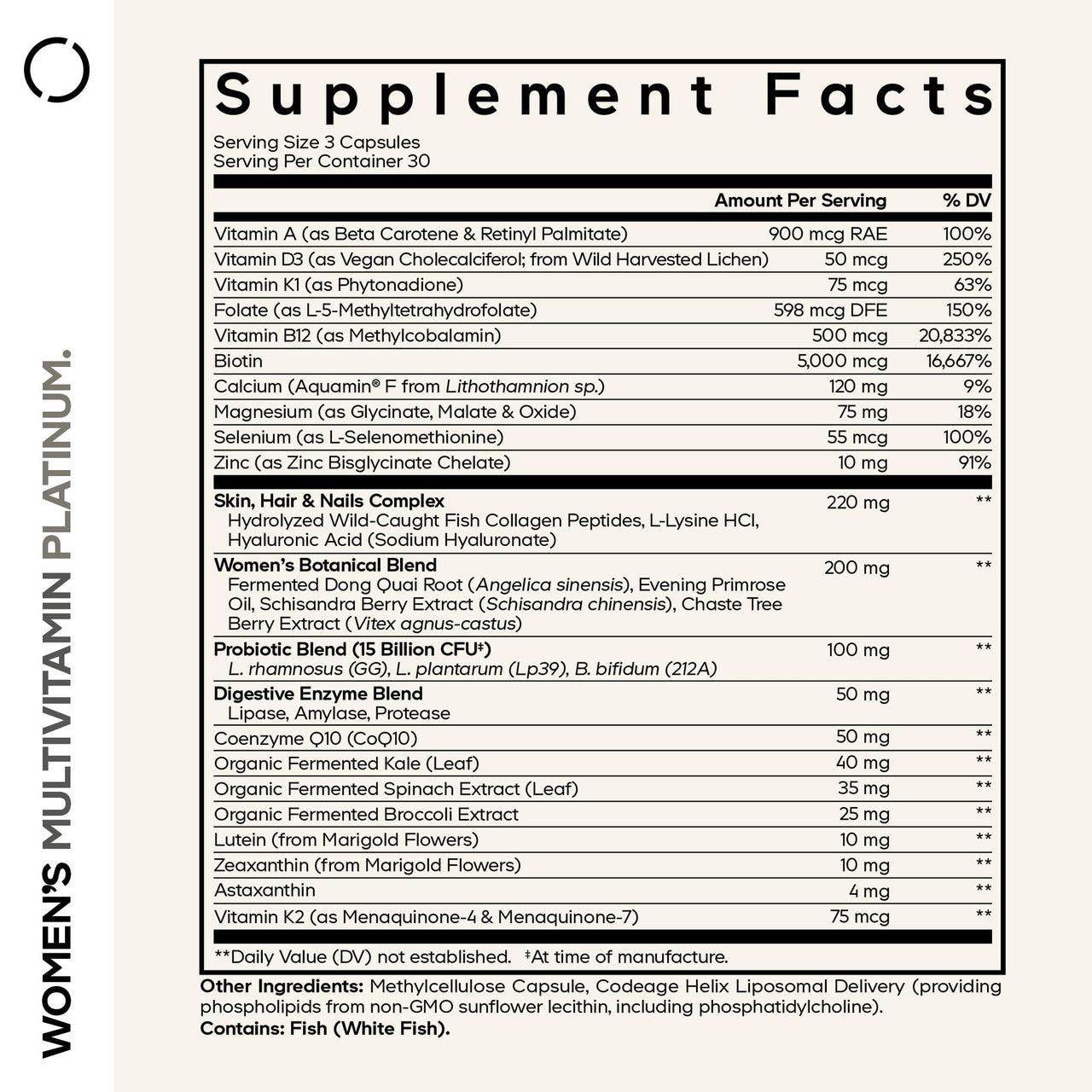 Codeage Women’s Multivitamin Platinum - Vitamins A D3 K1 K2 B12 & Minerals, CoQ10, Skin, Hair & Nails Complex, Collagen, Botanicals, Probiotics, Fermented Greens, Lutein, Astaxanthin - 90 Capsules