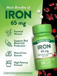 Thumbnail for Nature's Truth Iron Supplement | 65mg | 120 Tablets | 325mg Ferrous Sulfate | Non-GMO & Gluten Free Pills