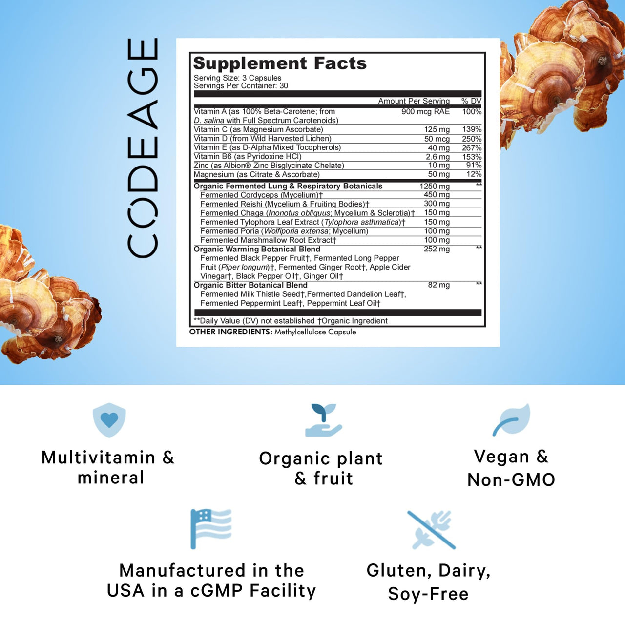 Codeage Lungs Vitamins, A, C, D, E, B6, Milk Thistle Lung Supplement, Zinc & Magnesium, Cordyceps, Reishi, Chaga, Poria, Tylophora, Ginger, Peppermint Leaf Organic Herb Cleanse - Non-GMO - 90 Capsules