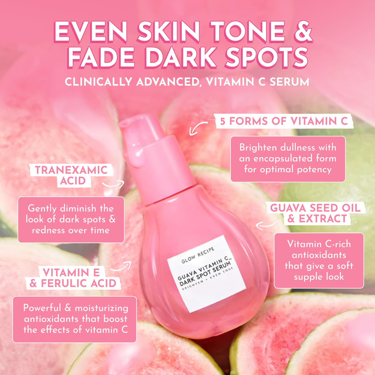 Glow Recipe Guava Vitamin C Serum for Sensitive Skin - Moisturizing & Brightening Korean Skin Care Serum for Dark Spots, Even Tone & Redness - Tranexamic, Ferulic Acid & Vitamin E - Vegan, 30ml