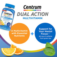 Thumbnail for Centrum MultiGummies Multi+ Dual Action Mental Focus Adult Multivitamin with Caffeine from Green Tea, Supports Mental Focus, Attention and Alertness, Lemon/Orange Flavors - 90 Count
