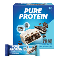 Thumbnail for Pure Protein Cookies And Cream Protein Bars – 20g Protein, 3g Sugar, 190 Calories (12 count) Low Sugar* High Protein Snack - Gluten Free - Perfect for a Healthy Snack