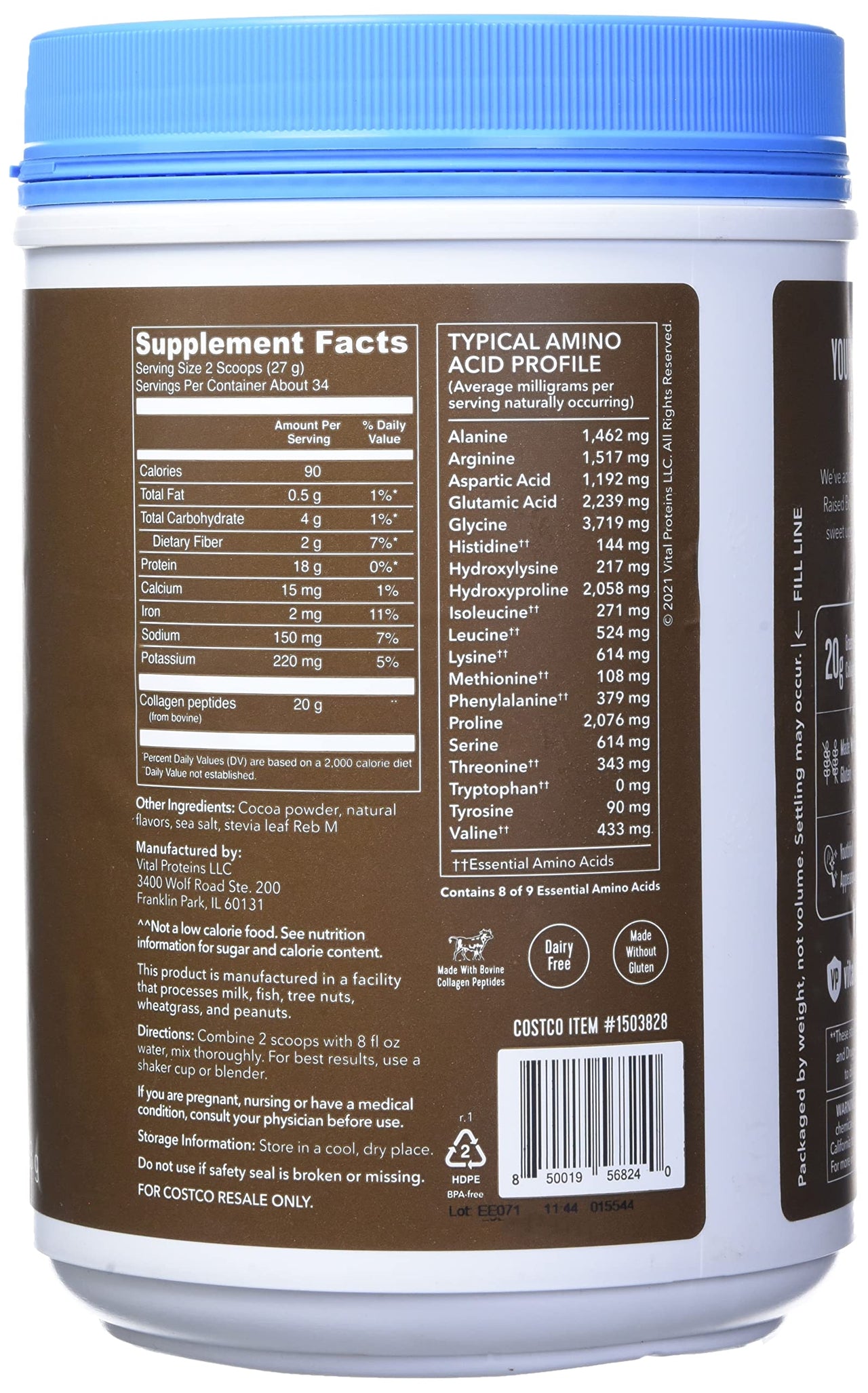 Vital Protein Collagen Peptides, Pasture Raised, Grass Fed, Paleo Friendly, Gluten / Zero Sugar Dairy Free, Chocolate, 32.56 Oz