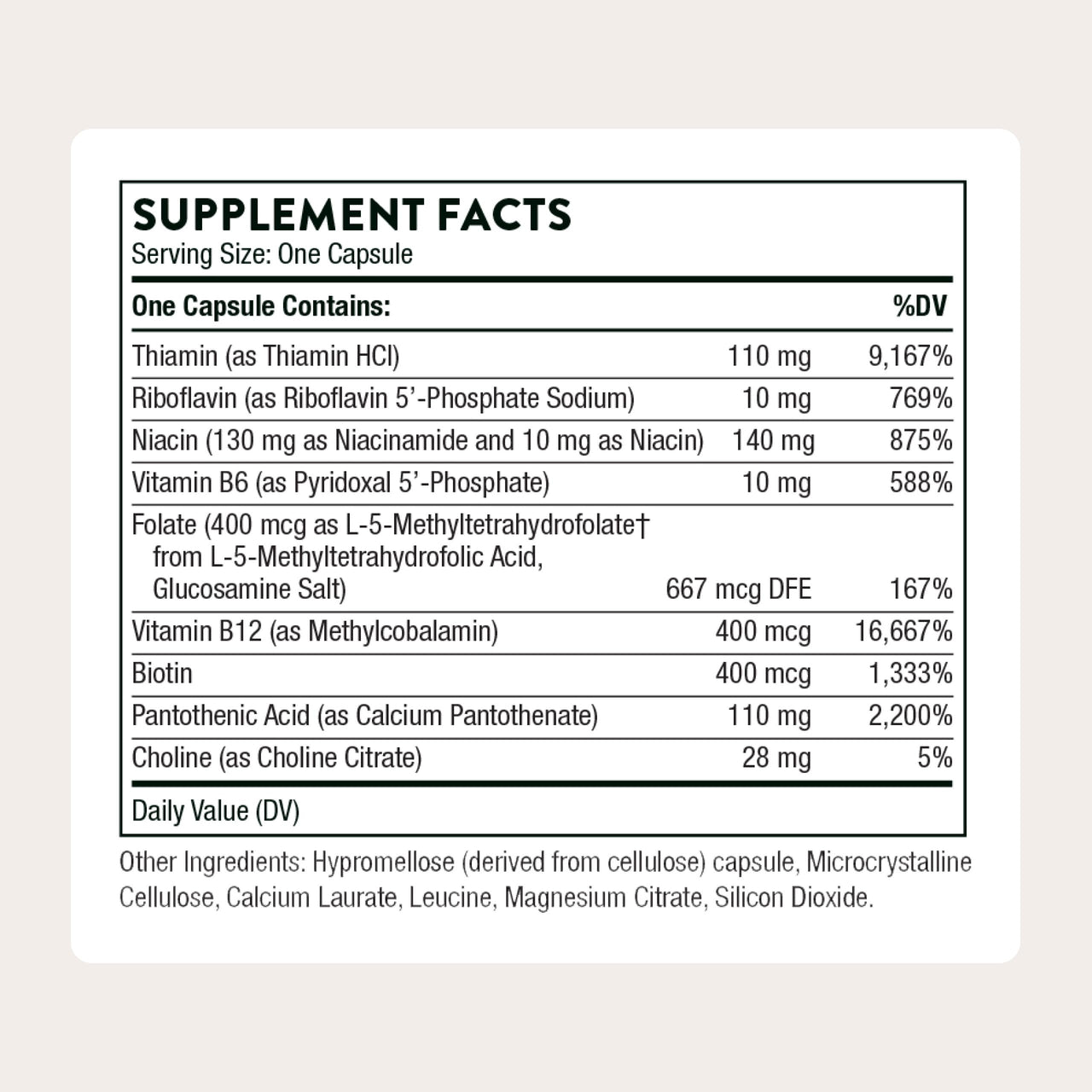 THORNE - Basic B-Complex - Tissue-Ready Vitamin B Complex Supplement with Choline - Supports Cellular Energy Production, Brain Health & Red Blood Cell Formation* - Gluten-Free - 60 Servings