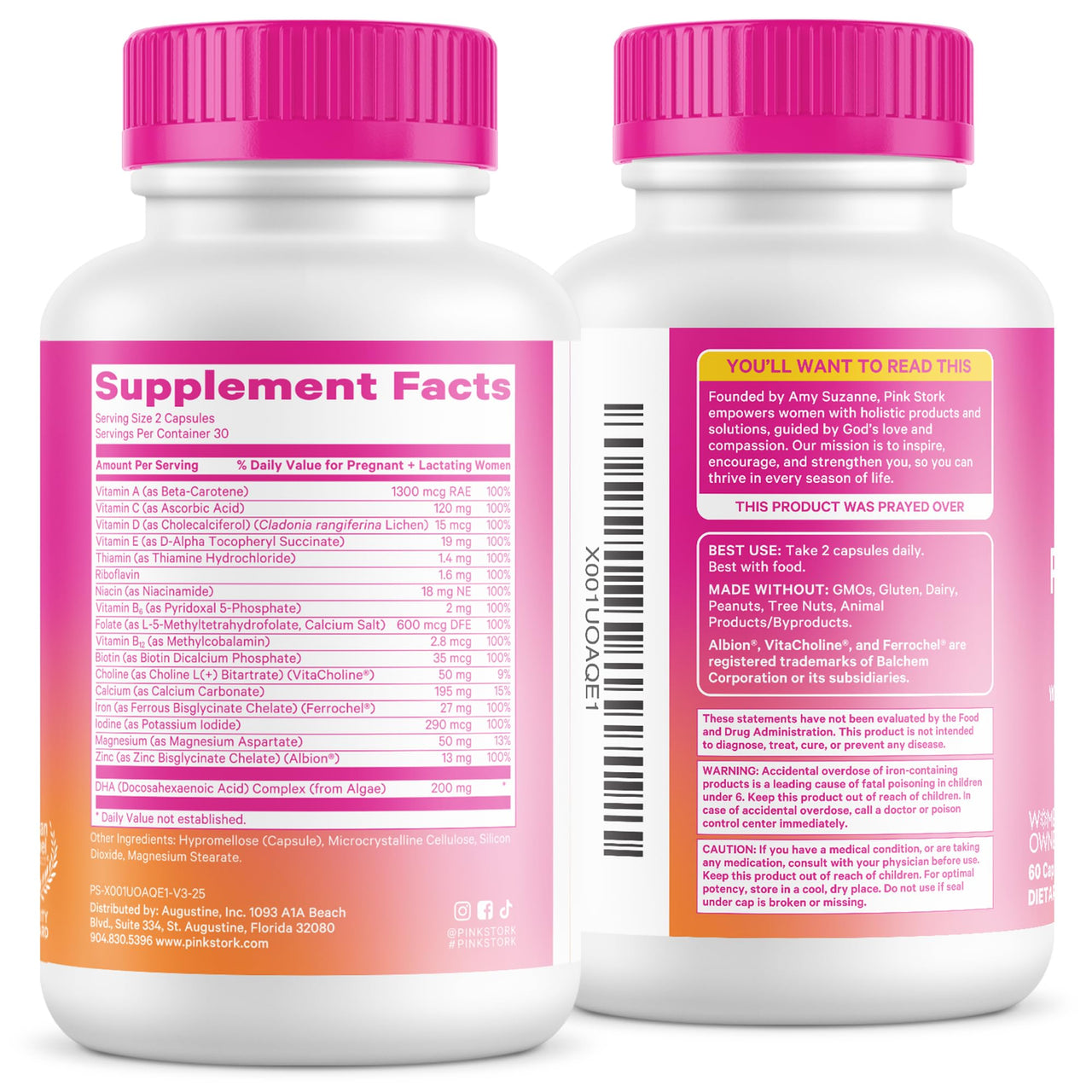 Pink Stork Total Prenatal Vitamins with DHA, Folate, Iron, Choline, and Vitamin B12 - Prenatals for Women to Support Fetal Development, Pregnancy Essentials, Berry Essence, 60 Capsules, 1 Month Supply
