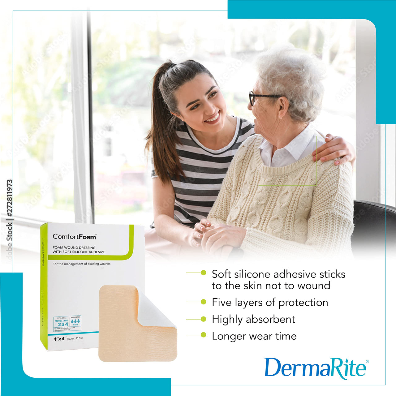 ComfortFoam Foam Wound Dressing, 6” x 6”, 10 Pack, Soft Silicone Adhesive, Highly Absorbent, Latex Free, Self-Adherent, Flexible, Cut to Fit