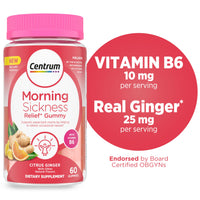 Thumbnail for Centrum Morning Sickness Relief Gummies, Citrus Ginger Flavor - 60 Count, Up to 60 Day Supply