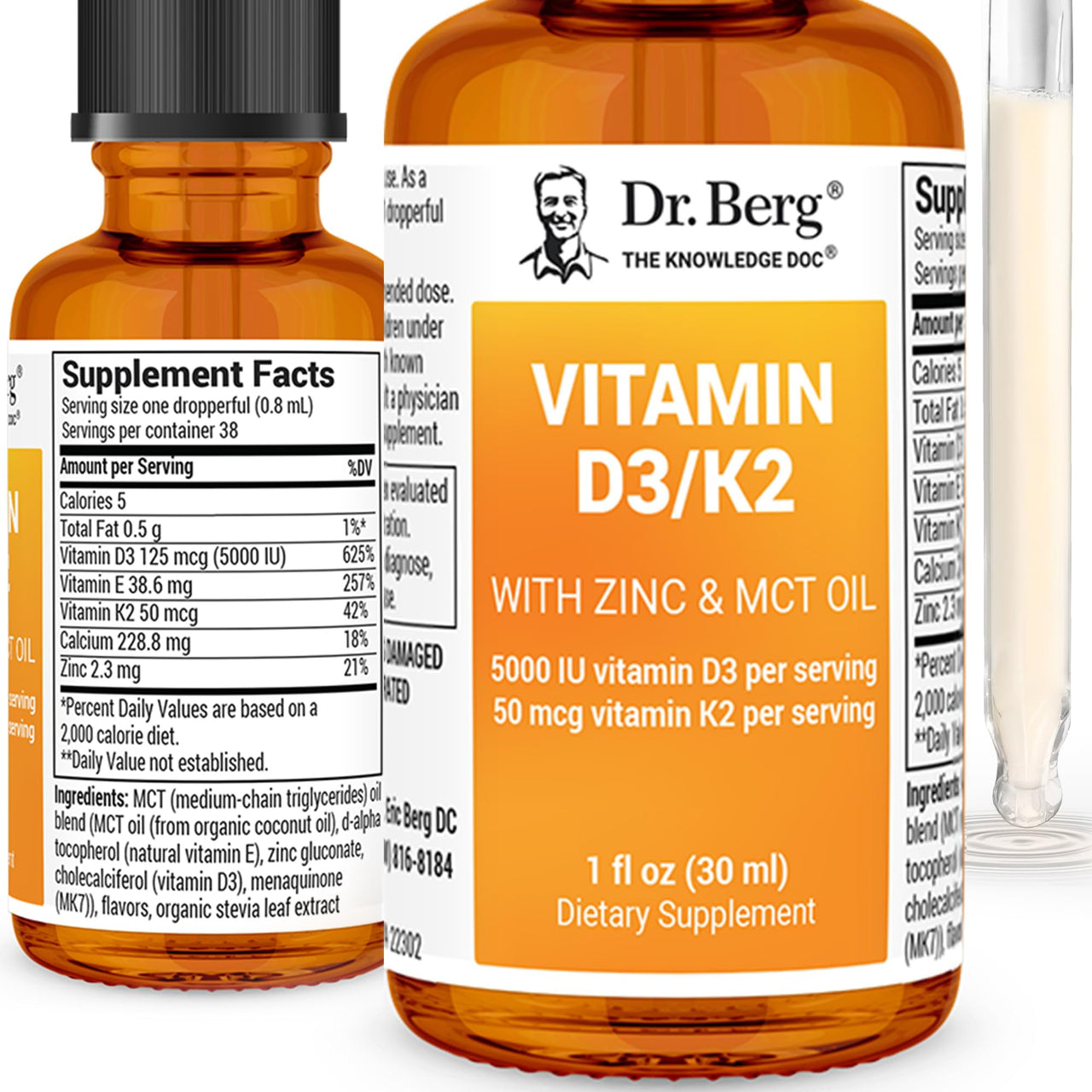 Dr. Berg Liquid Vitamin D3 & K2 Supplement with Zinc - for Bone, Teeth, Mood & Immune Health* - Vitamin D3 & K2 Drops for Adults - 1 fl oz