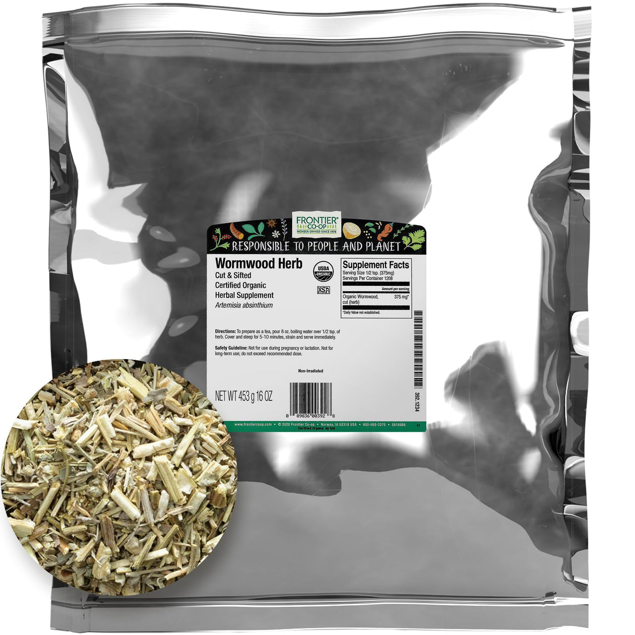 Frontier Co-op Organic Wormwood Herb, 1lb Bulk Bag, Cut and Sifted - Artemisia Absinthium | Wormwood Tea and Herbal Uses, Kosher
