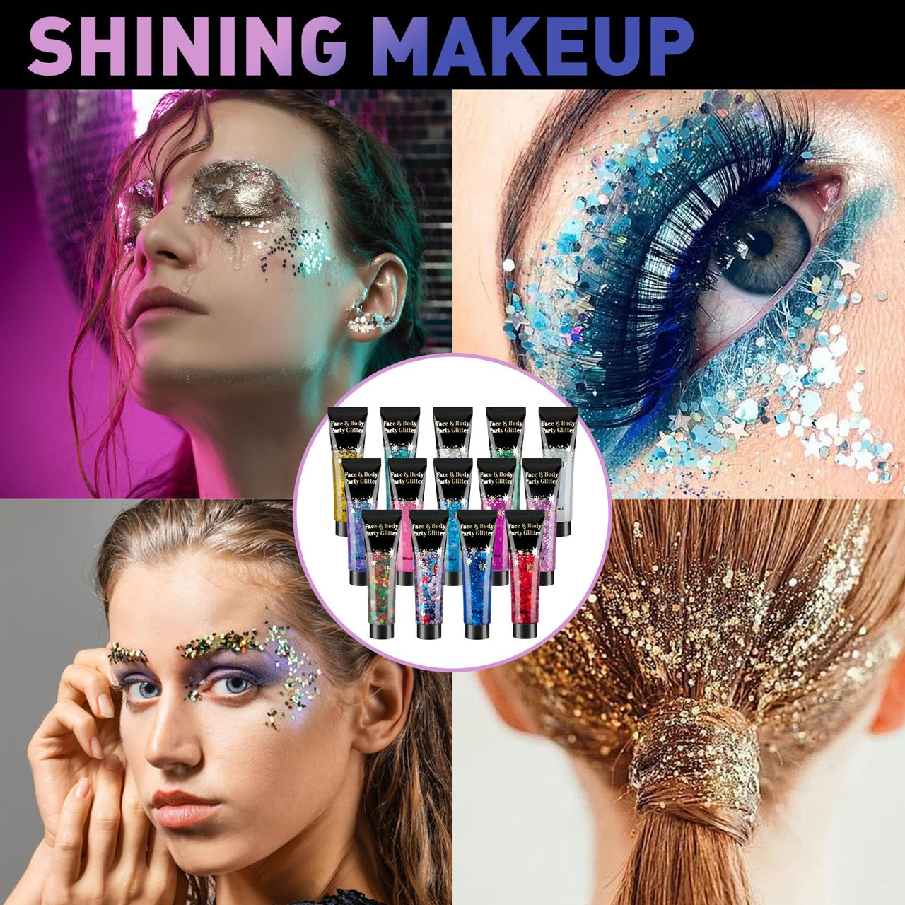 AROIC 14 Colors Body Glitter, St Patricks Day Face & Hair Glitter Gel Set, Eye Shimmer for Women Glow in the Dark Rave Accessories Party Supplies, Face Paint Hair/Cheek/Eyelid Sparkle Makeup-18ml/Tube