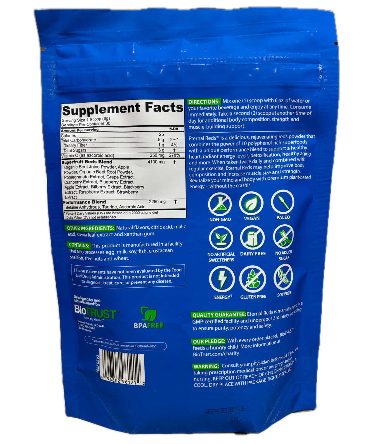 BioTrust Eternal Reds, Red Superfoods Powder, Support for Heart Health and Circulation, Energy, Stamina, No Added Sugar or Caffeine, Naturally Flavored and Sweetened, Berry Flavor (30 Servings)