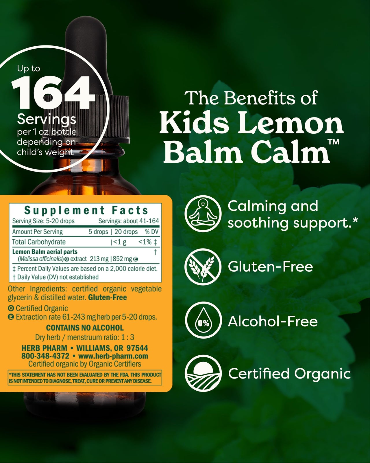 Herb Pharm Kids Lemon Balm Calm: Organic Herbal Calming Tincture for Kids, Alcohol-Free, Sugar-Free, Kid-Friendly Taste, and Non-GMO Lemon Balm Extract, Sugar-Free, Liquid Herbs, 1 oz*