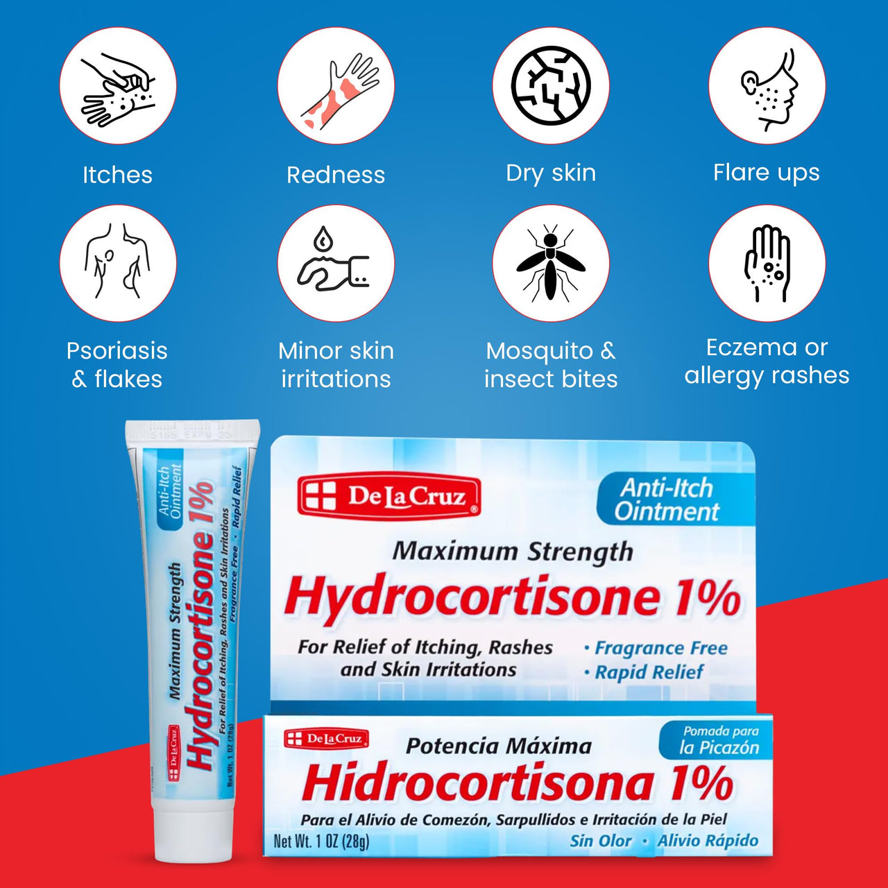 De La Cruz 1% Hydrocortisone Ointment - Maximum Strength - Topical Anti Itch Ointment - Dry Skin, Redness, Dermatitis, Eczema and Rashes - 1 OZ (28g)