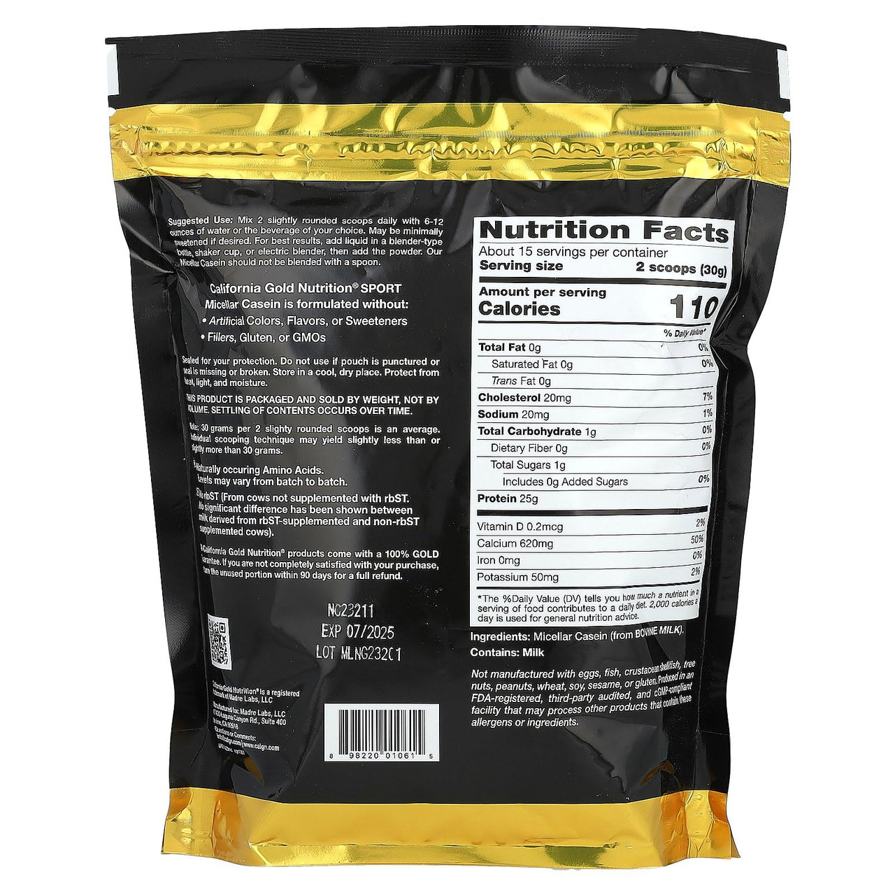 California Gold Nutrition Sport, Micellar Casein, Unflavored, Slow Absorption, 16 oz (454 g)