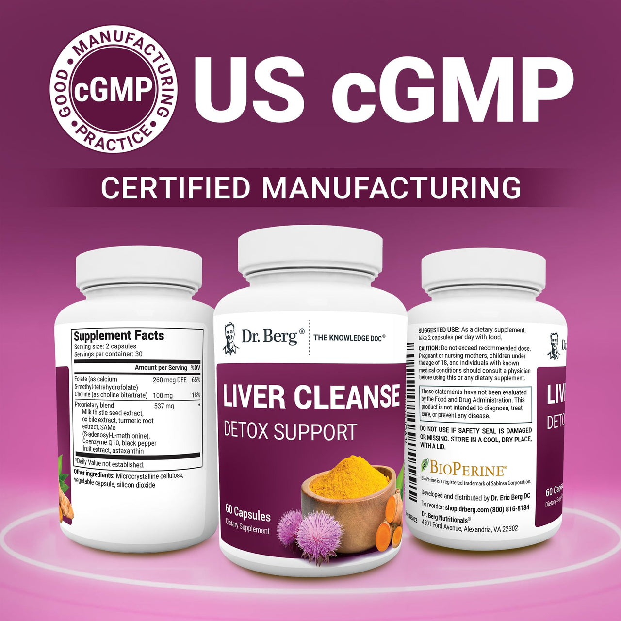 Dr. Berg Liver Cleanse Detox Capsules w/Unique Blend of Milk Thistle, Ox Bile & Folate - Liver Supplement Includes Turmeric, Black Pepper & Choline - 60 Capsules