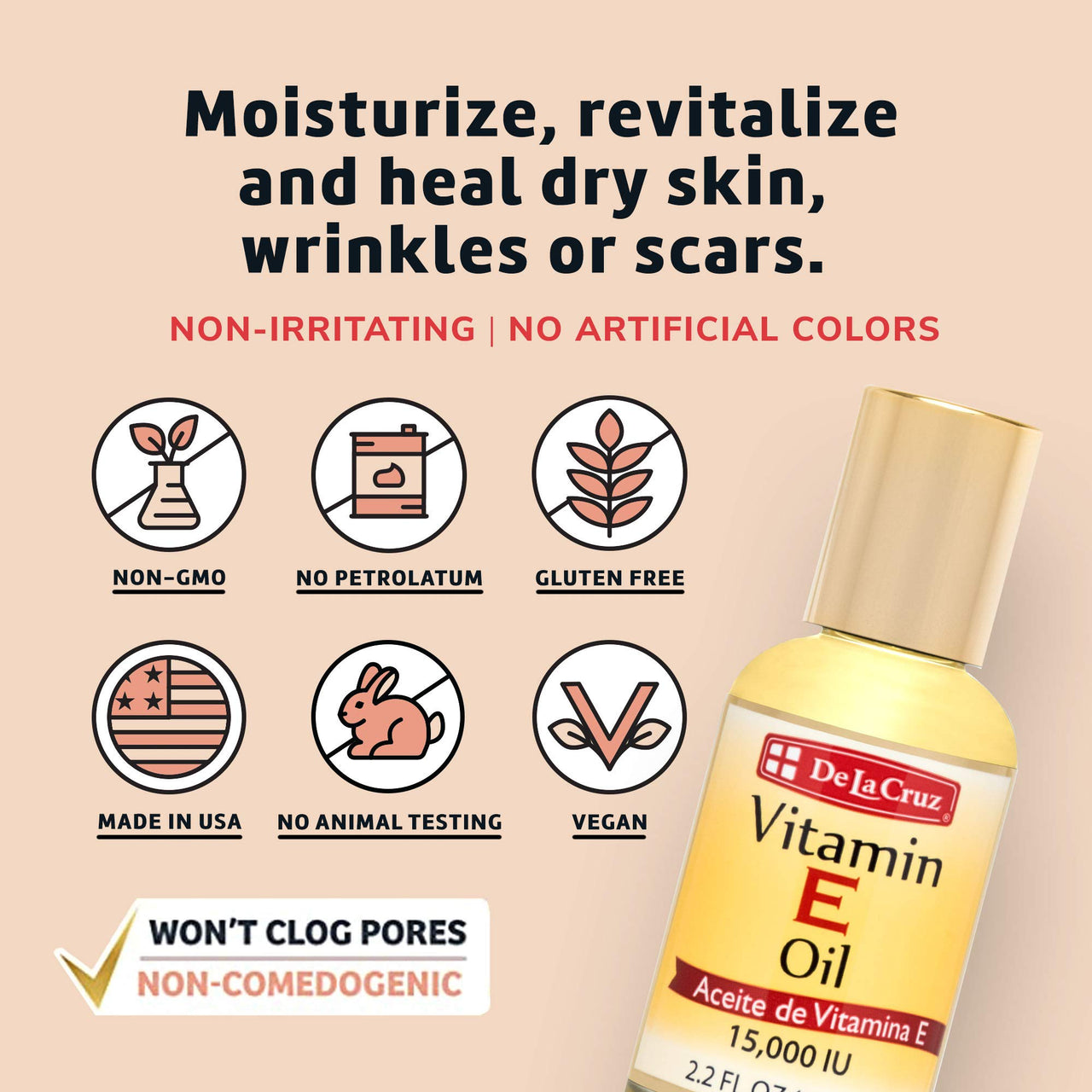 De La Cruz Vitamin E Cream 4oz & Vitamin E Oil 2.2 Fl Oz Bundle – Moisturizer for Face, Neck, Hair & Body – Deeply Hydrating, Paraben-free, Vegan, Cruelty-Free, Made in USA