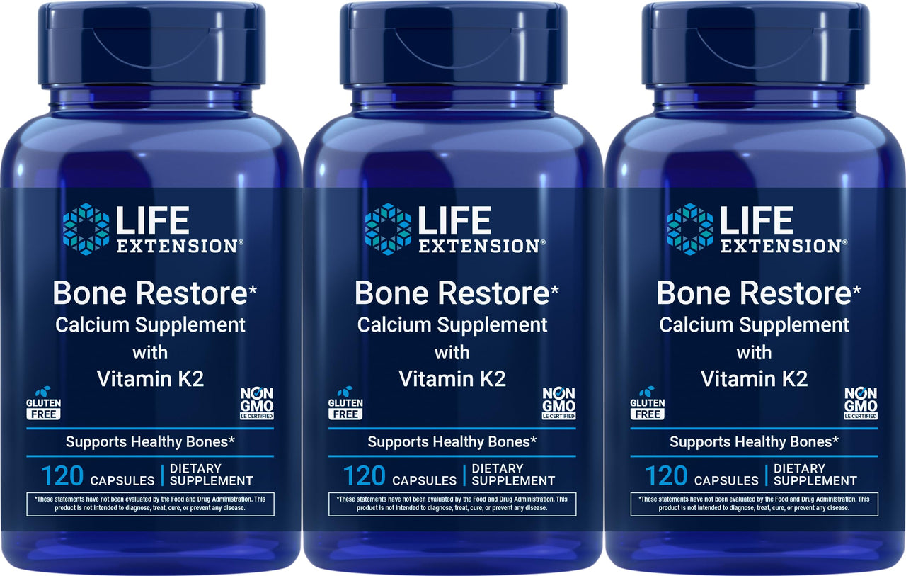 Life Extension Bone Restore Calcium Supplement with Vitamin K2, 120 Capsules (Pack of 3)