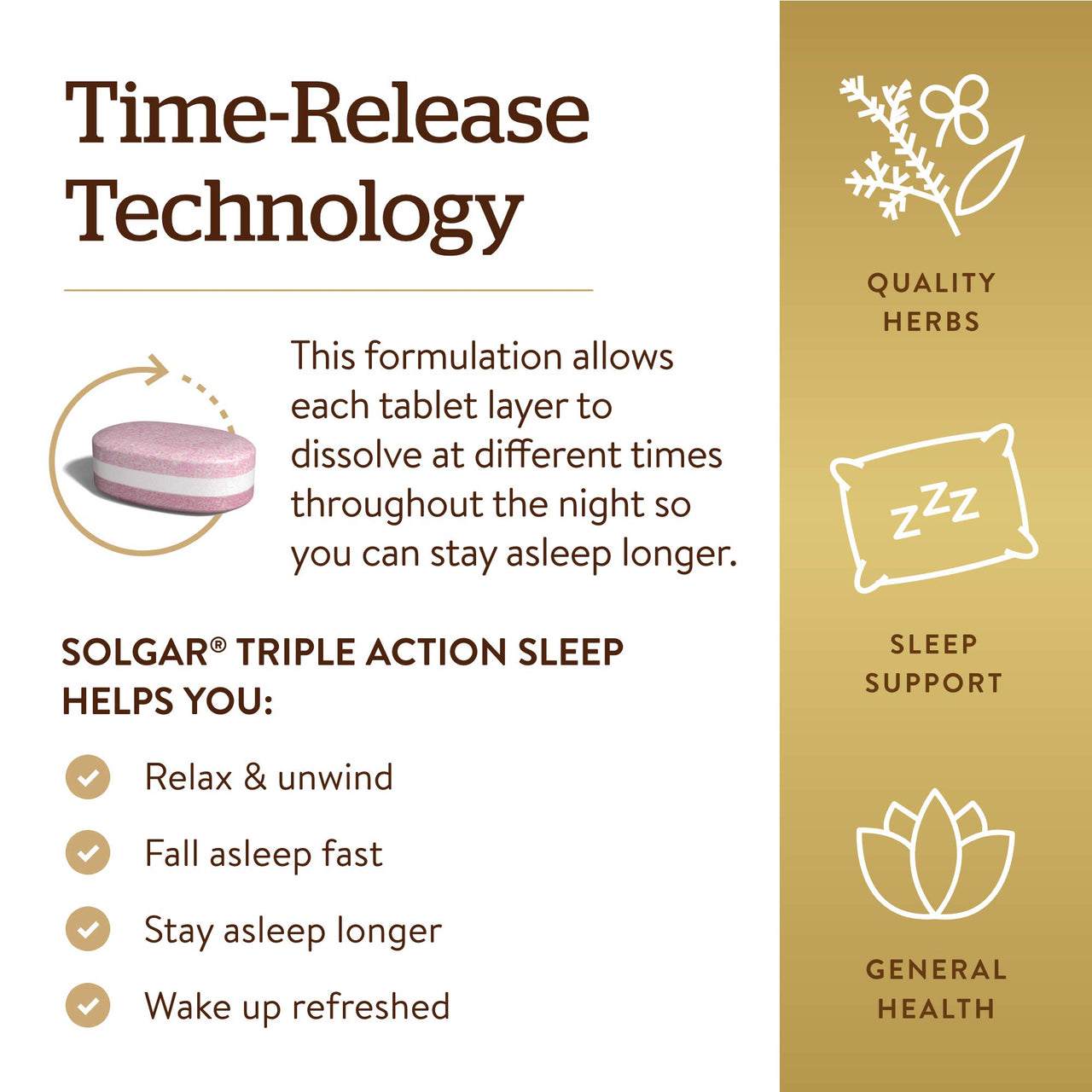 Solgar Triple Action Sleep, 90 Tri-Layer Tablets - Time-Release Melatonin & L-Theanine Plus Herbal Blend - Helps You Relax - Non-GMO, Gluten Free - 90 Servings