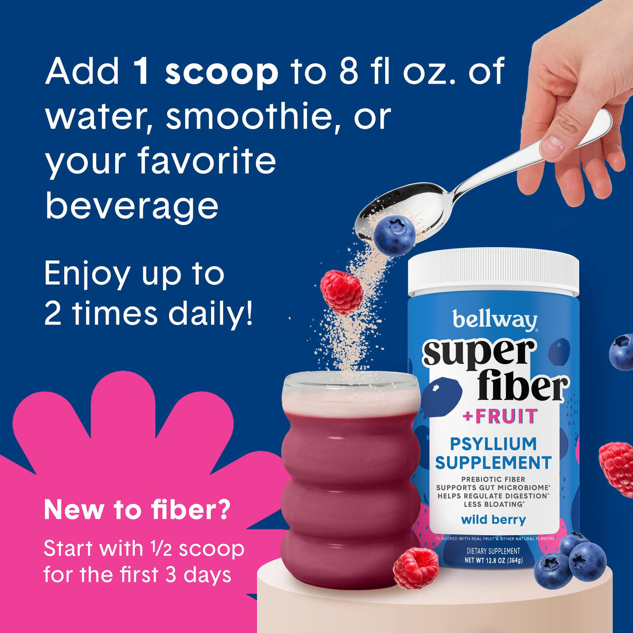 Bellway Super Fiber Powder + Fruit, Sugar Free Organic Psyllium Husk Powder Fiber Supplement for Regularity, Bloating Relief & Digestive Health, Plant-Based, Wild Berry (50 Servings)