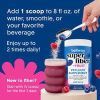 Thumbnail for Bellway Super Fiber Powder + Fruit, Sugar Free Organic Psyllium Husk Powder Fiber Supplement for Regularity, Bloating Relief & Digestive Health, Plant-Based, Wild Berry (50 Servings)