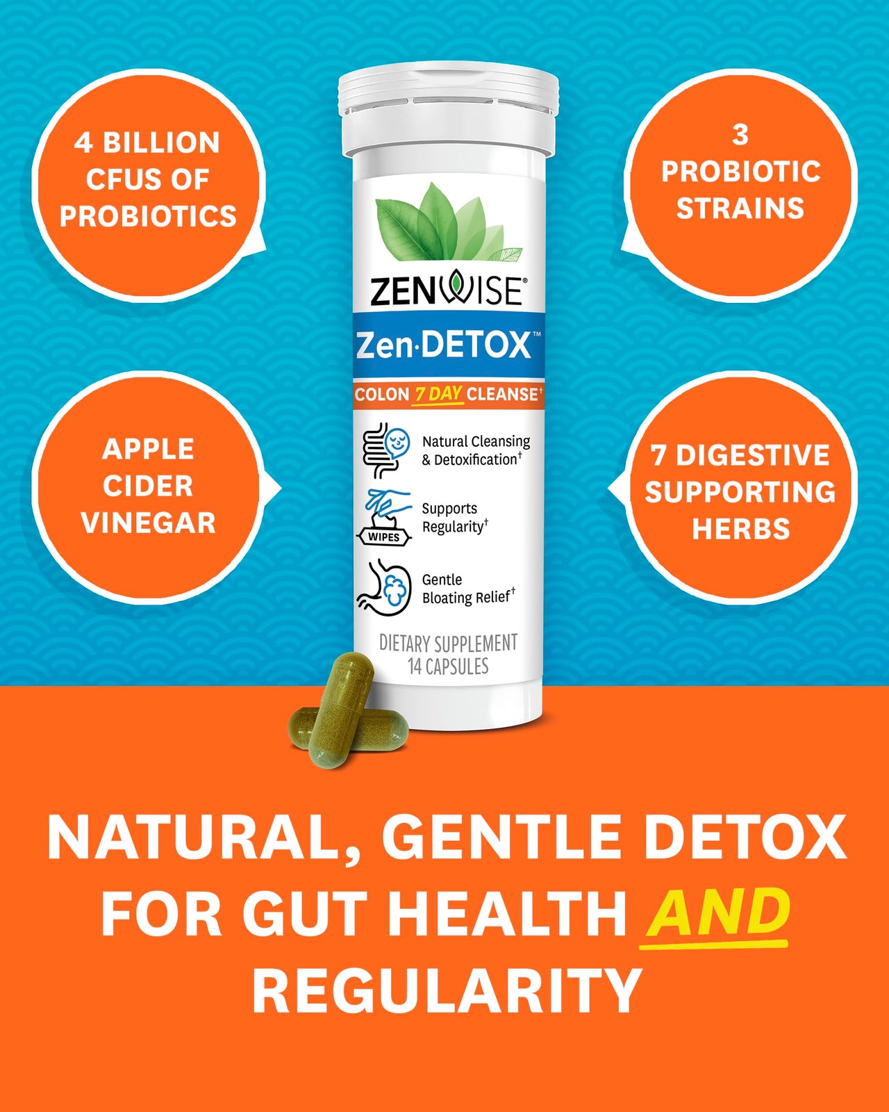 Zenwise Health 7-Day Colon Detox Cleanse for Digestive Health - Gut Detox Pills for Digestion & Bloating Relief - Herbal Blend with Psyllium Husk, Senna Leaf, Bromelain, ACV & Probiotics - 14 Count