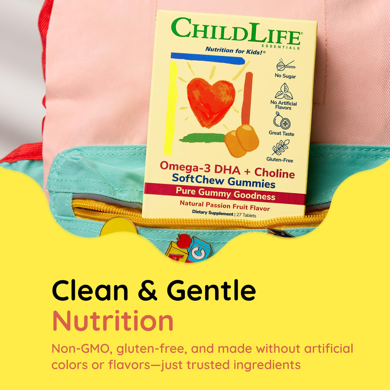 CHILDLIFE ESSENTIALS Omega-3 DHA + Choline SoftChew Gummies for Kids - Omega 3 & DHA Gummies with Choline, Fish Oil for Babies, Toddlers & Children - Natural Passion Fruit, 27 Tablets