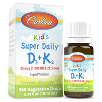 Thumbnail for Carlson - Kid's Super Daily D3+K2, 25 mcg (1,000 IU) D3 & 22.5 mcg K2, Vitamin D Drops with Vitamin K2, Liquid Vitamins, 1000 IU Vitamin D3, Heart & Bone Health, 1-Year Supply, Unflavored, 360 Drops