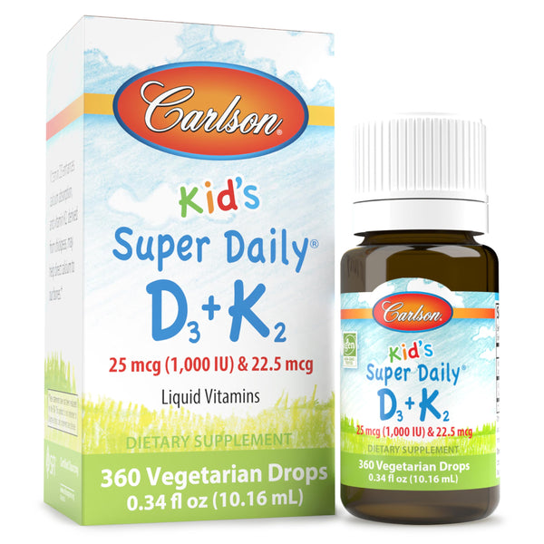 Carlson - Kid's Super Daily D3+K2, 25 mcg (1,000 IU) D3 & 22.5 mcg K2, Vitamin D Drops with Vitamin K2, Liquid Vitamins, 1000 IU Vitamin D3, Heart & Bone Health, 1-Year Supply, Unflavored, 360 Drops