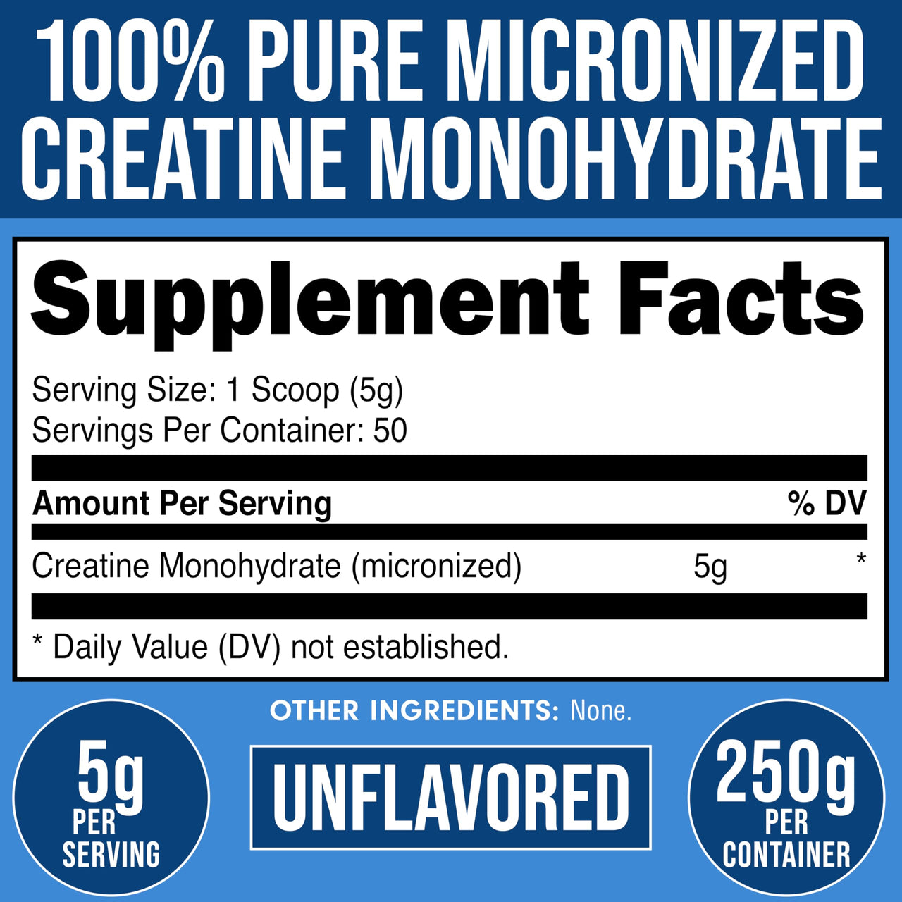 Bucked Up Pure Micronized Creatine Monohydrate for Women and Men - Easy to Mix and Unflavored - 5G Per Serving - 50 Servings - 250 Grams Per Container