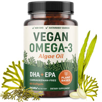Thumbnail for Vegan Omega 3 Algae Oil | Plant Based DHA EPA | Sustainably Sourced, No Carrageenan, Non GMO | Heart, Brain, and Eye Health | Fish Oil Alternative | Algae Omega 3 Supplement | 60 Softgel Capsules