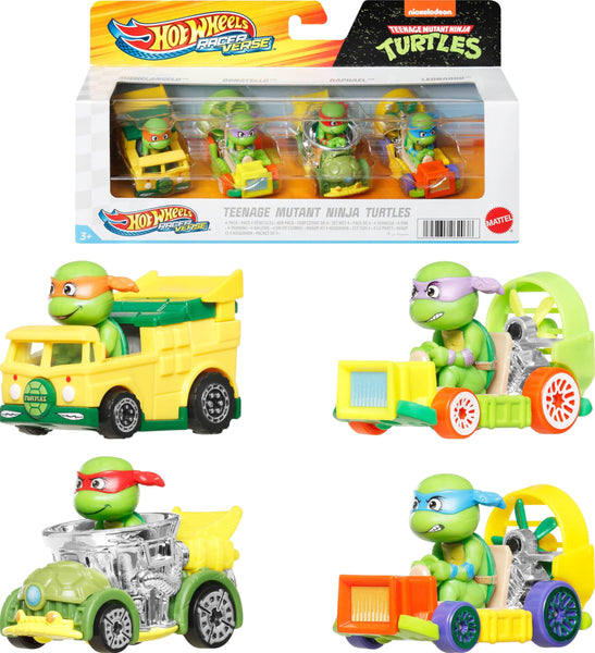 Hot Wheels RacerVerse, Set of 4 Die-Cars 1:64 Scale Toy Cars Optimized for Driving on Tracks with Pop Culture Characters as Drivers