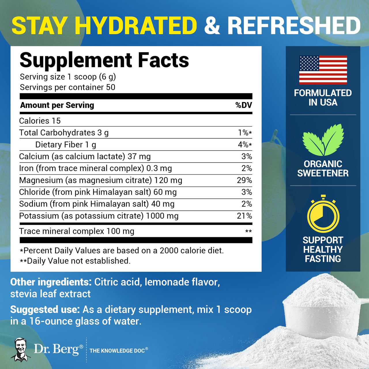 Dr. Berg Zero Sugar Hydration Keto Electrolyte Powder - Enhanced w/ 1000 mg of Potassium & Real Pink Himalayan Salt (NOT Table Salt) - Lemonade Flavor Hydration Drink Mix Supplement - 50 Servings