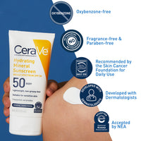 Thumbnail for CeraVe 100% Mineral Sunscreen SPF 50 with Zinc Oxide & Titanium Dioxide, Hyaluronic Acid & Ceramides, Oil Free & Non-Greasy, Hydrating Mineral Sunscreen For Body, 5 oz