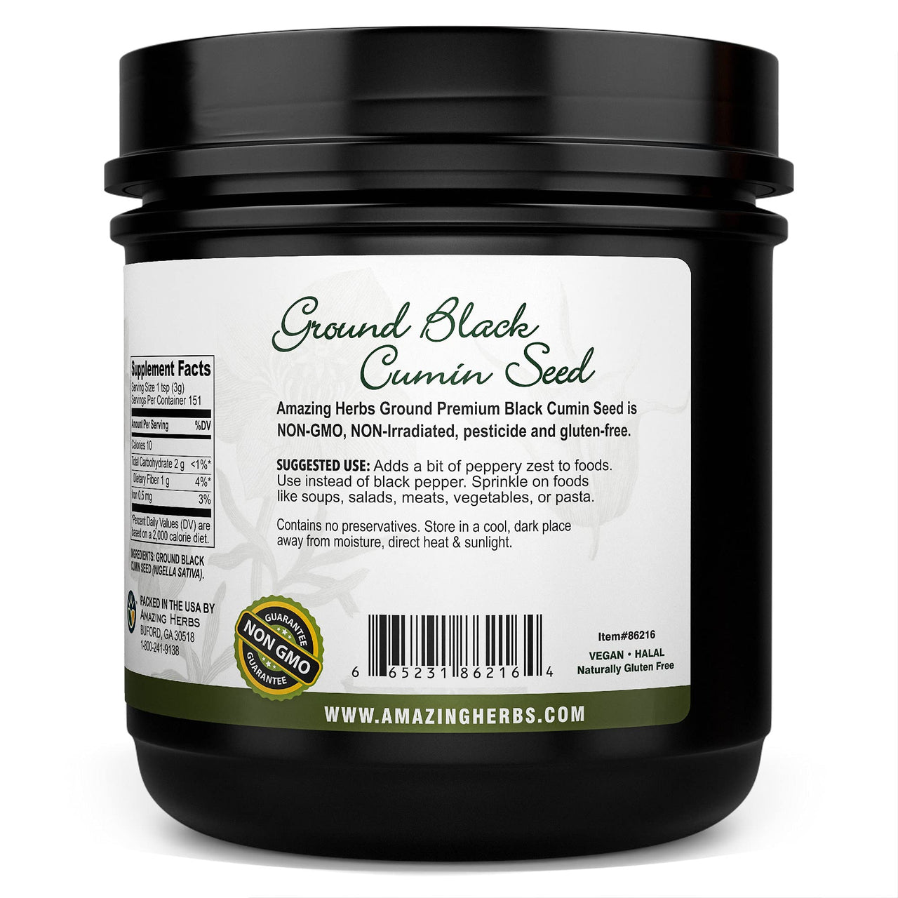 Amazing Herbs Premium Ground Black Cumin Seeds - Finely Ground Nigella Sativa, Gluten Free, Non GMO, Supports Cardiovascular Function & Preserves Digestive Health - 16 Oz