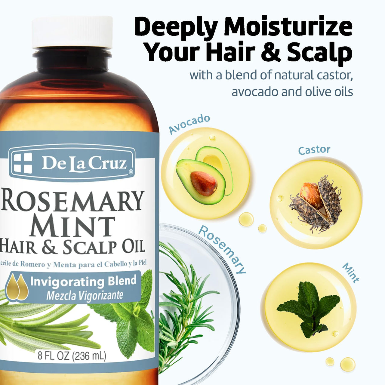De La Cruz Rosemary Mint Oil Blend For Hair & Scalp - 2 FL OZ + 8 FL OZ Bundle - Revitalizing Blend with Castor, Avocado and Olive Oil - Naturally Moisturizing Rosemary Hair Oil
