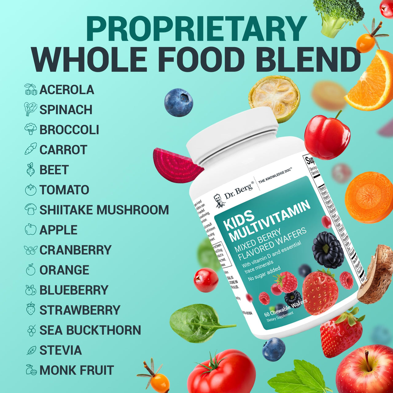 Dr. Berg Kids Chewable Multivitamins (NOT Sweetened w/Sugar) - Daily Multivitamin for Kids that Includes 20 Nutrients & Trace Mineral Complex - Mixed Berry Chewable Vitamins for Kid - Brown Wafers