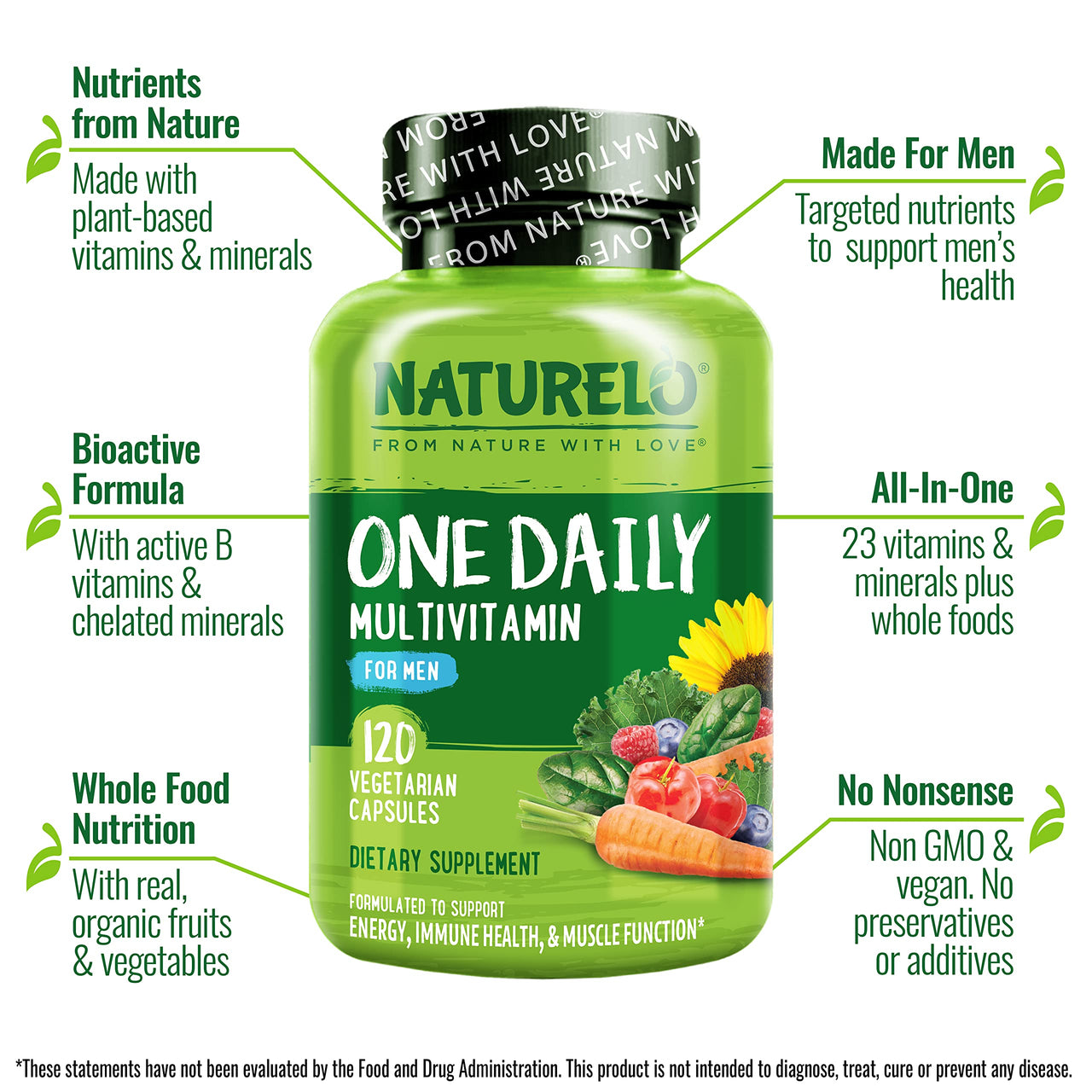 NATURELO Mens Multivitamins - One Daily Multivitamin for Men with Vitamins, Minerals & Organic Whole Foods, Boost Energy & Health, Non-GMO, 120 Vegetarian Capsules