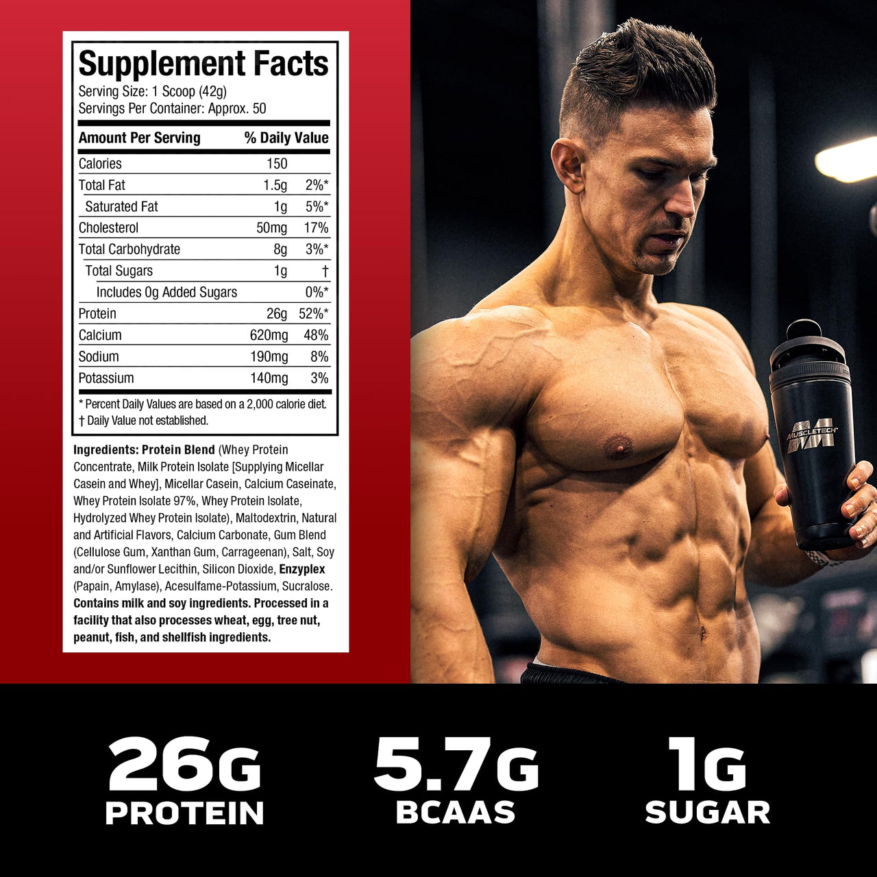 MuscleTech Platinum 8-Hour Protein Powder - 7 Premium Protein Sources with Whey & Casein Protein for Increased Lean Muscle, Strength & Improved Recovery - Vanilla Cake, 50 Servings