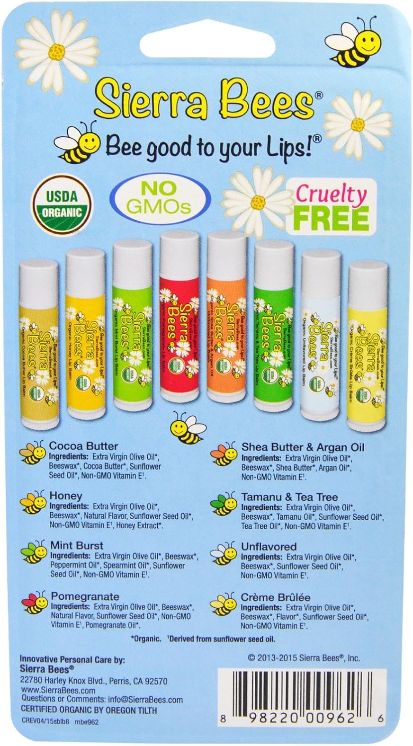 Sierra Bees Organic Lip Balms Set of 8 (Pack of 2)