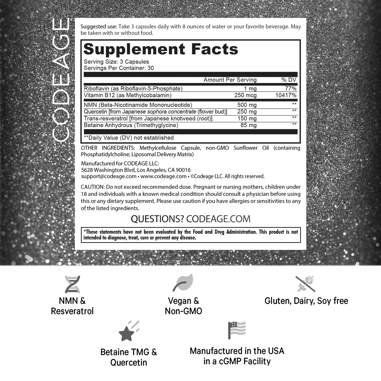 Codeage Liposomal NMN 500mg Supplement Resveratrol, NAD+ Healthy Aging Energy Muscle Metabolism Support, Nicotinamide Mononucleotide, Betaine Anhydrous TMG, Riboflavin, Vitamin B12, Vegan, 2 Pack