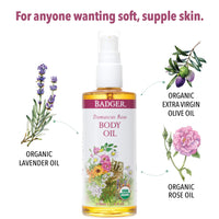 Thumbnail for Badger Rose Body Oil, 100% Organic Rose Scented Body Oil, All Natural Body Moisturizer, Organic Jojoba & Rose Oils Soothe Dry Skin, 4 fl oz Glass Bottle