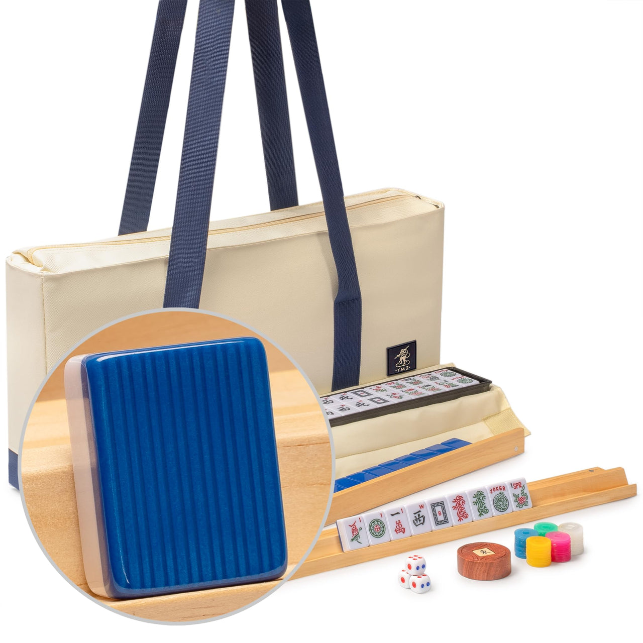 Yellow Mountain Imports American Mahjong Set, Harbor Tide with Beige and Blue Canvas Tote Bag - 4 All-in-One Racks with Pushers, Wright Patterson Scoring Coins, Dice, & Wind Indicator