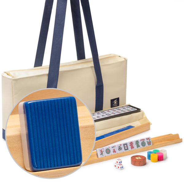 Yellow Mountain Imports American Mahjong Set, Harbor Tide with Beige and Blue Canvas Tote Bag - 4 All-in-One Racks with Pushers, Wright Patterson Scoring Coins, Dice, & Wind Indicator