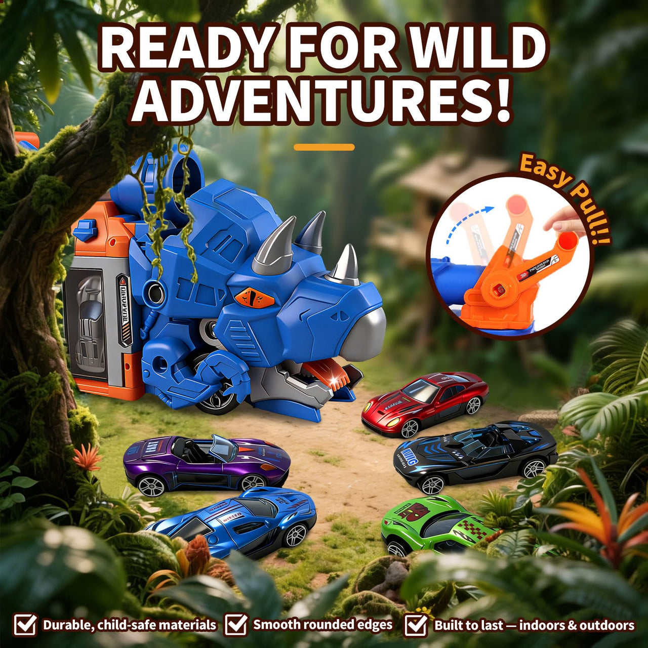 LUCKFUTURE Dinosaur Truck Toy, Blue Triceratops with Projectile Launcher - Shoots Vehicles, Dino Toy Truck with Storage for Children 3-7