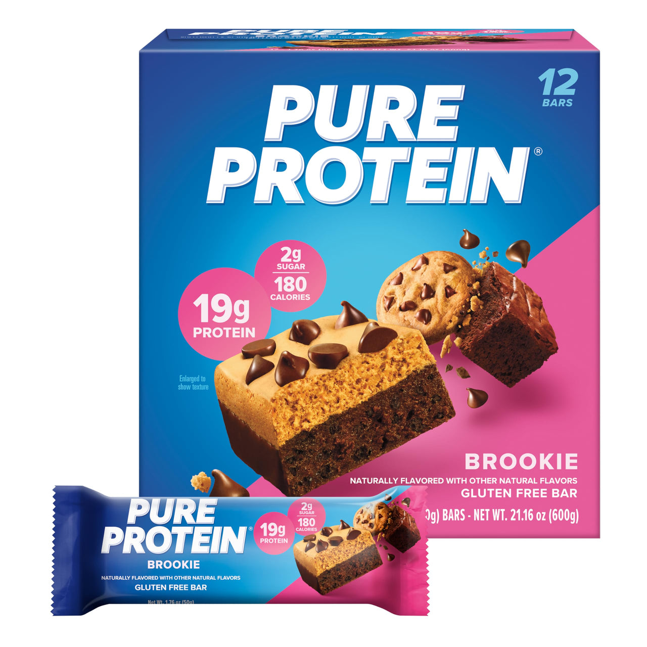 Pure Protein Brookie Protein Bars – 20g Protein, 3g Sugar, 190 Calories (12 count) Low Sugar* High Protein Snack - Gluten Free - Perfect for a Healthy Snack