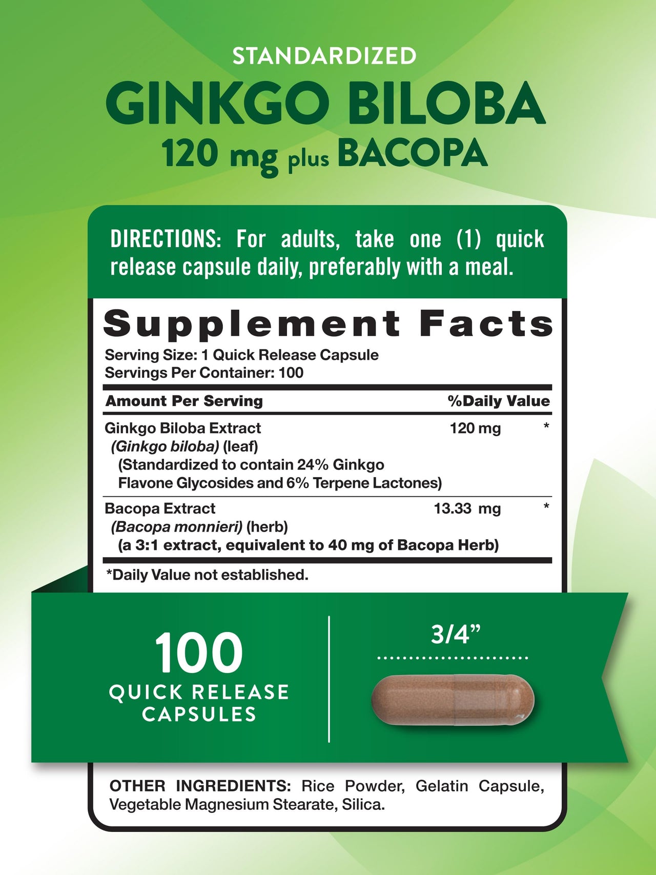 Nature's Truth Ginkgo Biloba 120mg | Plus Bacopa | 100 Quick Release Capsules | Standardized Extract | Non-GMO and Gluten Free Supplement
